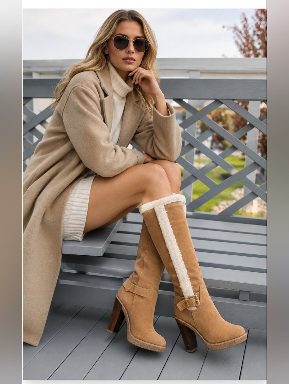 MICHAEL Michael Kors Leather Tan Suede Tall Boots Shearling Trim 7M